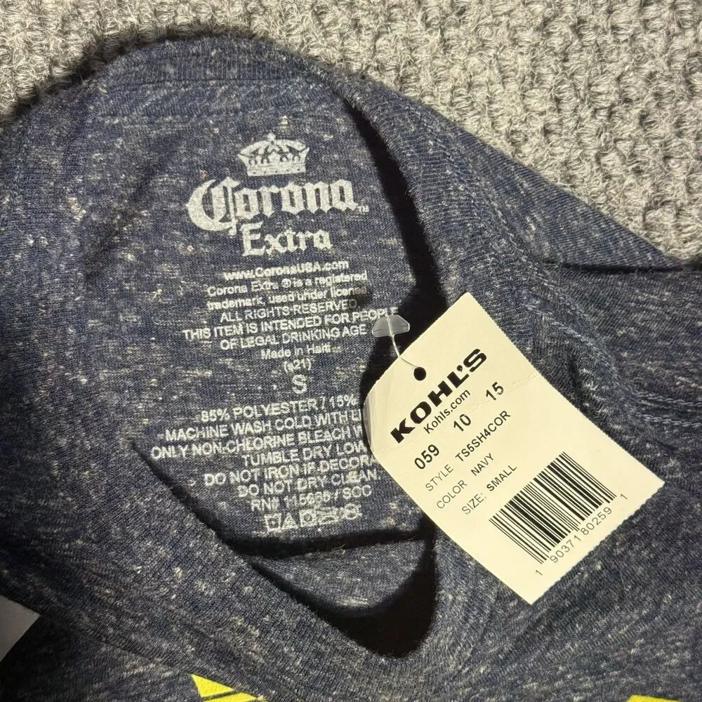 Corona Extra Beer T- Shirt Graphic Tee Navy Blue Polyester Unisex Adult Sz Small